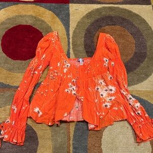 Urban Outfitters Allie Tie Sleeve Blouse Long Sleeve Top Orange Floral Small